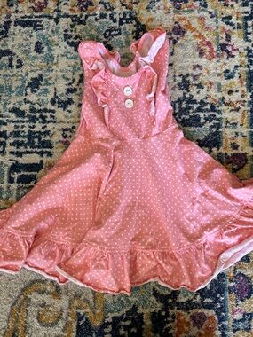 Eleanor Rose | Coral Pink Polka Dot Twil Dress with Ruffles | size 5-6